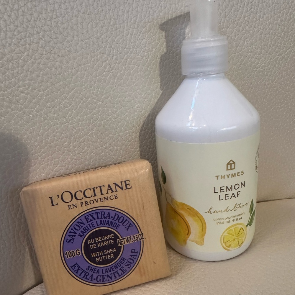 Thymes Lotion NWT Lemon Leaf Pump & L’Occitane Shea Lavender Bar Soap Set - Picture 1 of 5